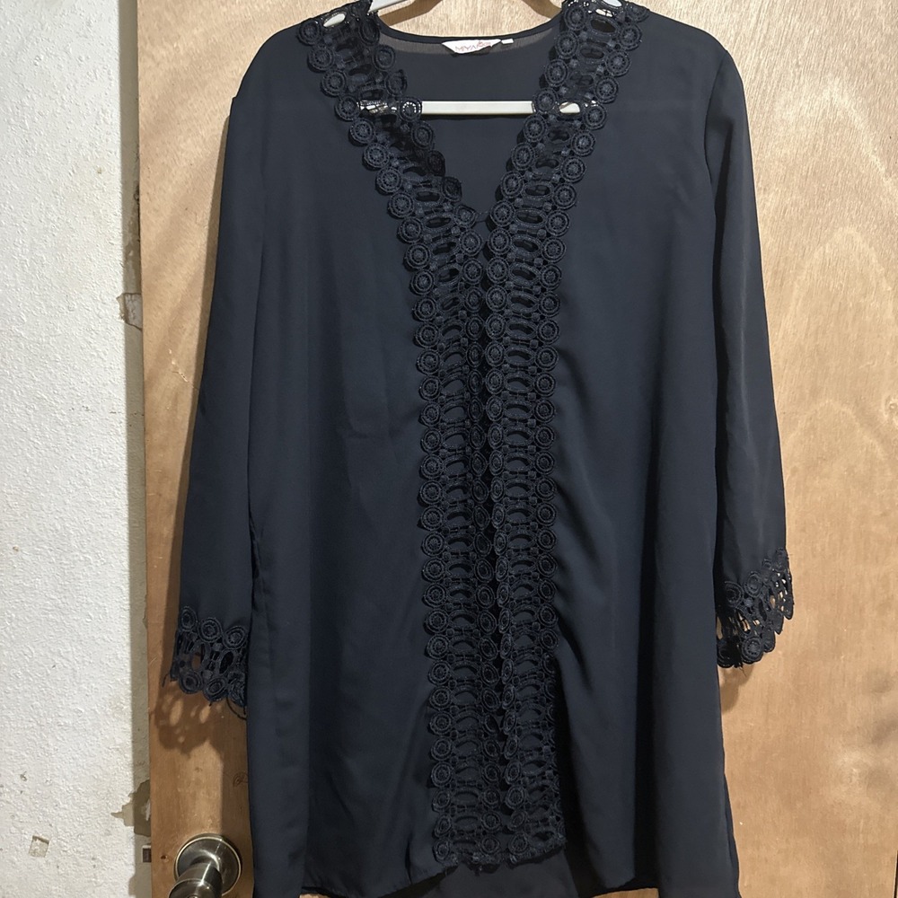 Miyang Black Tunic Swimsuit Cover Crochet Lace Trim Women XXL Boho Chic Blouse